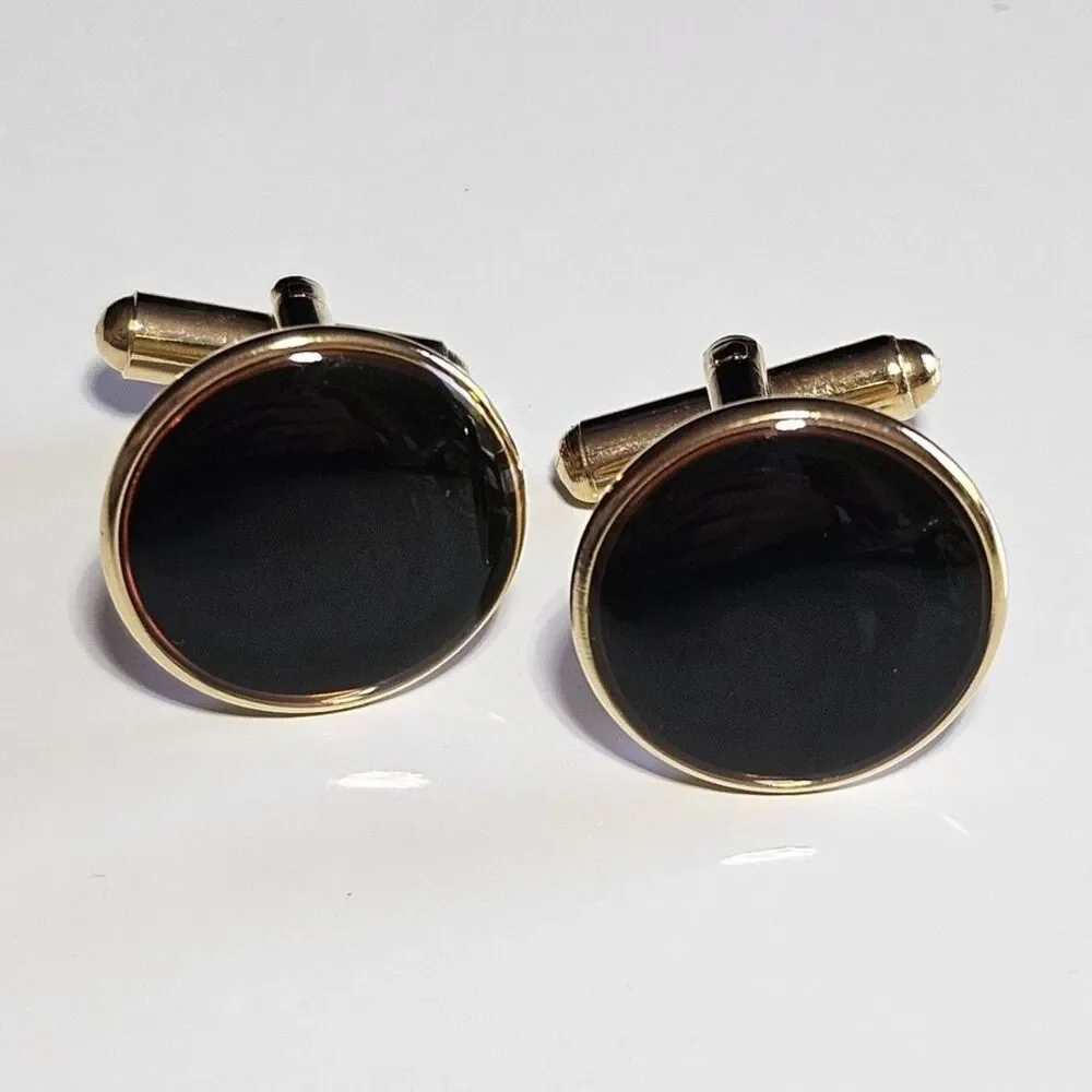 Black Enamel Gold Tone Cufflinks Mens Round Button Lightweight 3/4 Inch Vintage